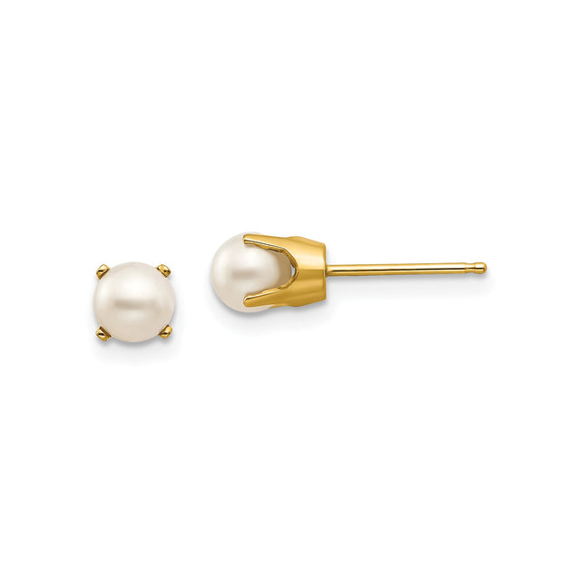 14k Yellow Gold Pearl Stud Earrings with Round White Cultured Pearls, Classic Minimalist Style