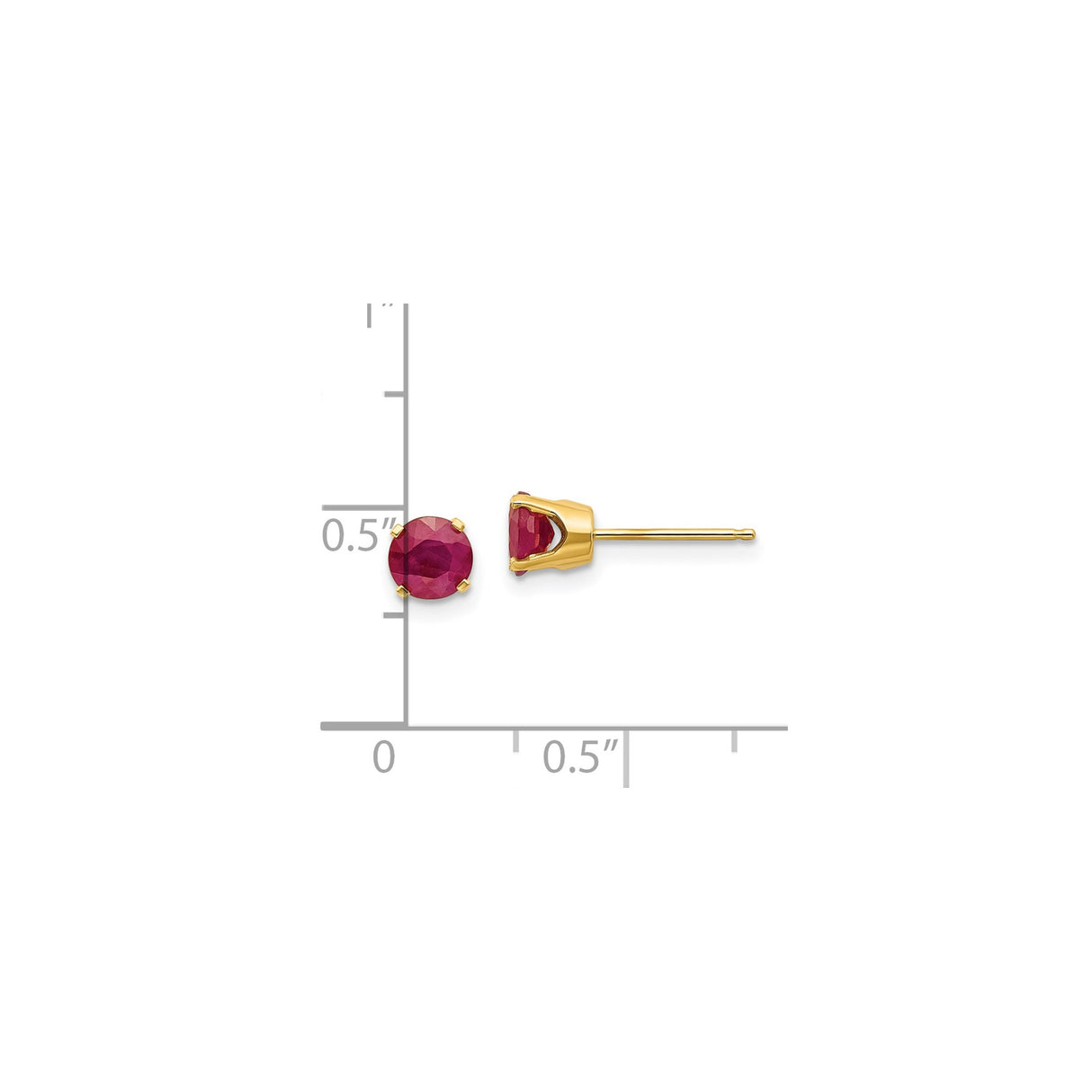 14k Yellow Gold Ruby Stud Earrings, Round Cut Red Gemstone in Four Prong Setting, Minimalist Style