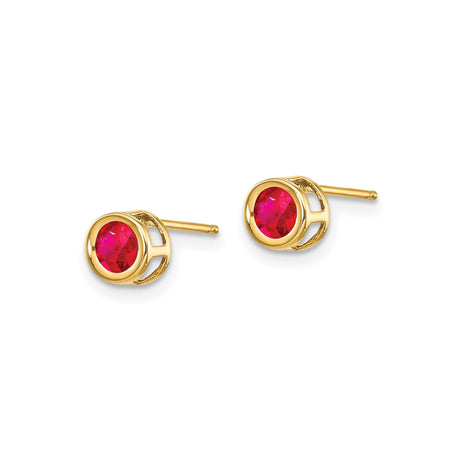14k Yellow Gold Stud Earrings with Ruby, Round Bezel Set, Minimalist Design for Women