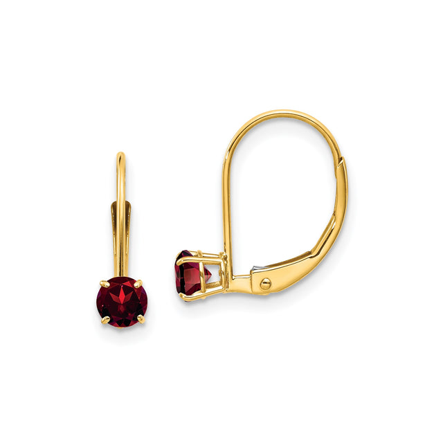 14k Yellow Gold Leverback Earrings with Garnet, Minimalist Drop Design for Women
