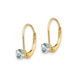 14k Yellow Gold Leverback Earrings with Round Aquamarine, Dainty Drop Design for Women