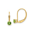 14k Yellow Gold Leverback Earrings with Round Peridot in Prong Setting, Dangle Style