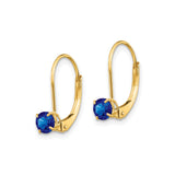14k Yellow Gold Leverback Earrings with Round Blue Sapphire in Prong Setting, Classic Drop Design