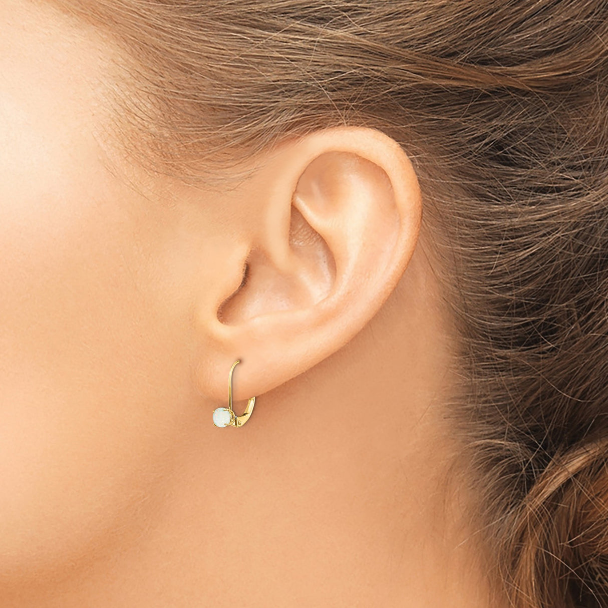 14k Yellow Gold Leverback Earrings with Round Opal in Prong Setting, Minimalist Drop Style