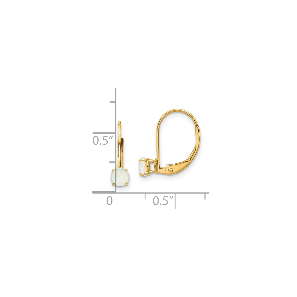 14k Yellow Gold Leverback Earrings with Round Opal in Prong Setting, Minimalist Drop Style