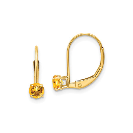 14k Yellow Gold Leverback Earrings with Round Citrine, Minimalist Drop Style for Women