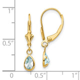14k Yellow Gold Dangle Earrings with Aquamarine Teardrop, Bezel Set Vintage Leverback Design