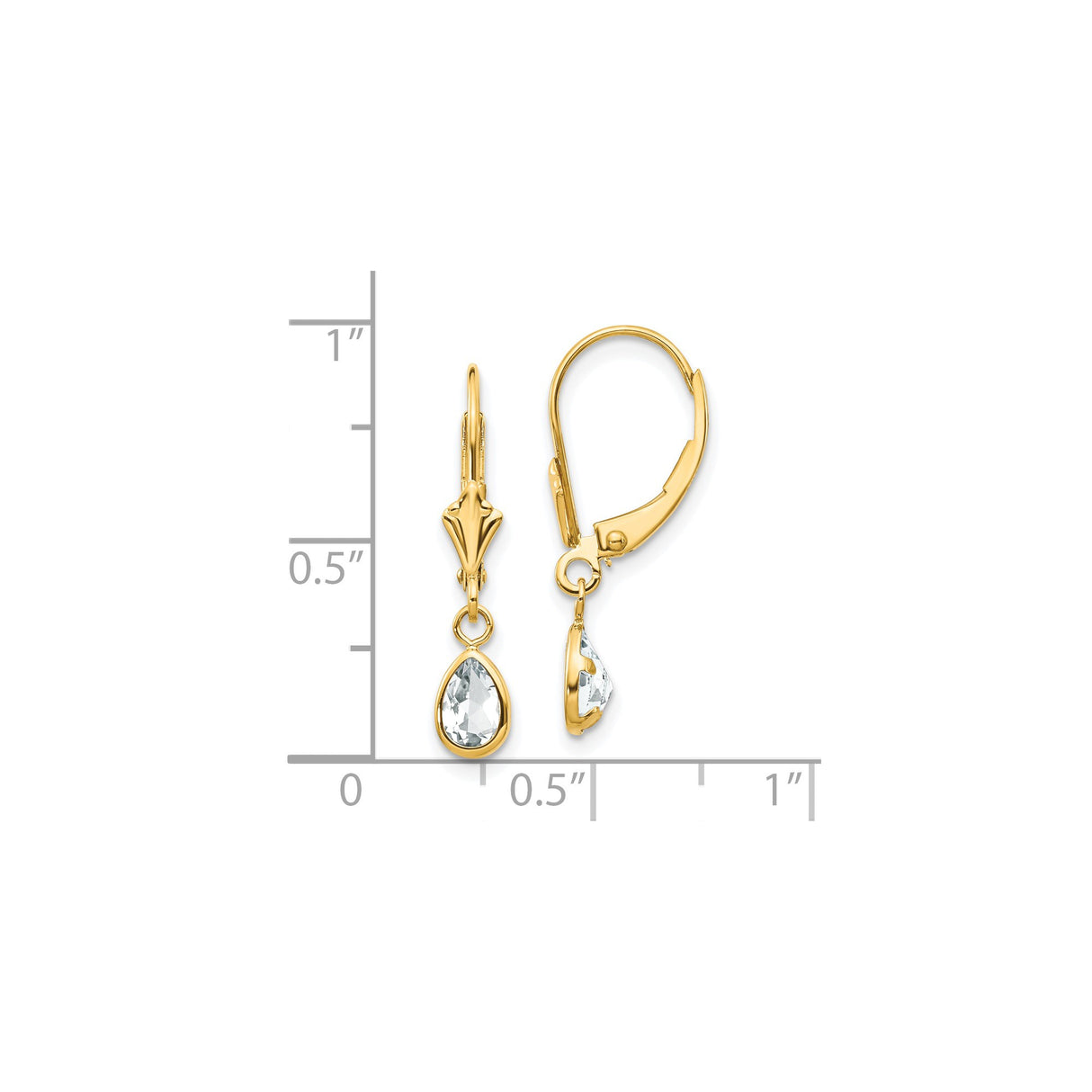 14k Yellow Gold Dangle Earrings with Pear Shaped White Topaz in Bezel Leverback Design