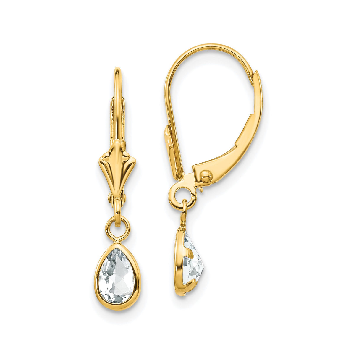 14k Yellow Gold Dangle Earrings with Pear Shaped White Topaz in Bezel Leverback Design