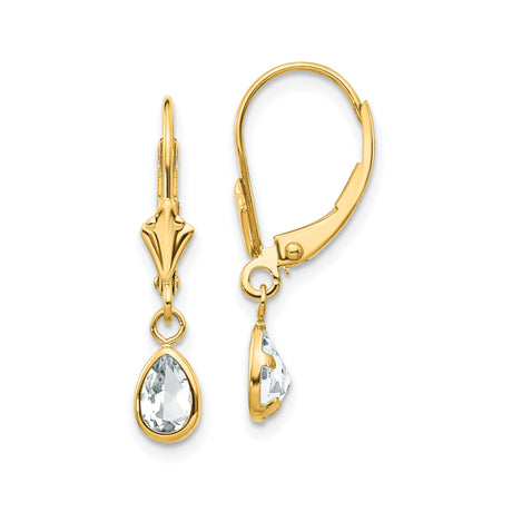 14k Yellow Gold Dangle Earrings with Pear Shaped White Topaz in Bezel Leverback Design