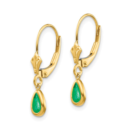 14k Yellow Gold Drop Earrings with Pear Shaped Emerald in Bezel Setting