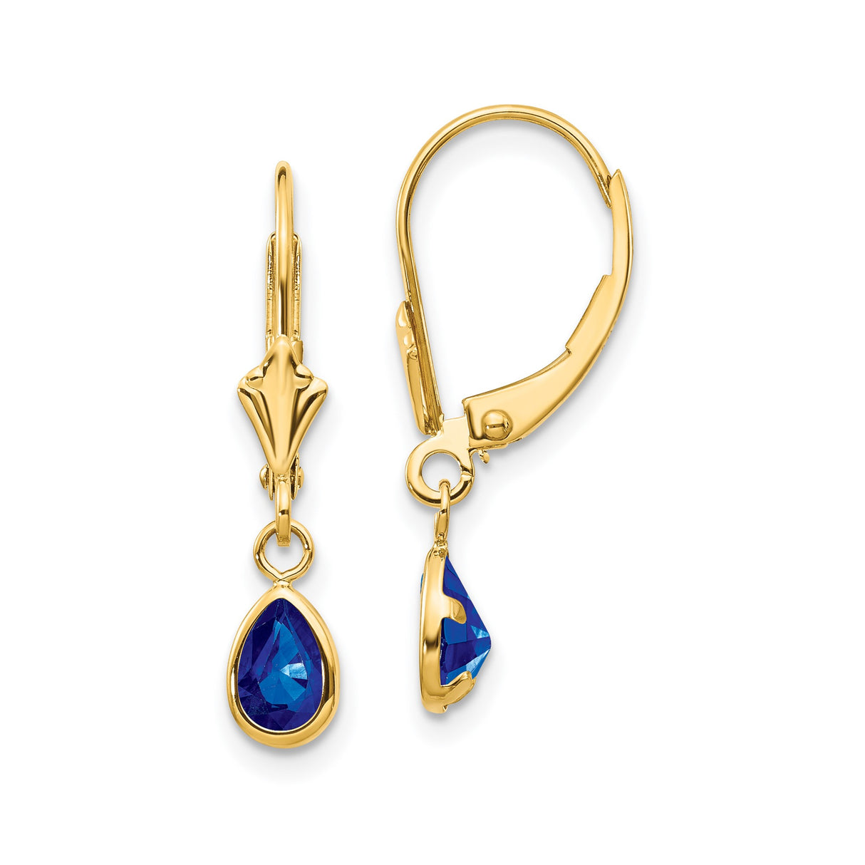 14k Yellow Gold Leverback Dangle Earrings with Teardrop Sapphire Drop Design