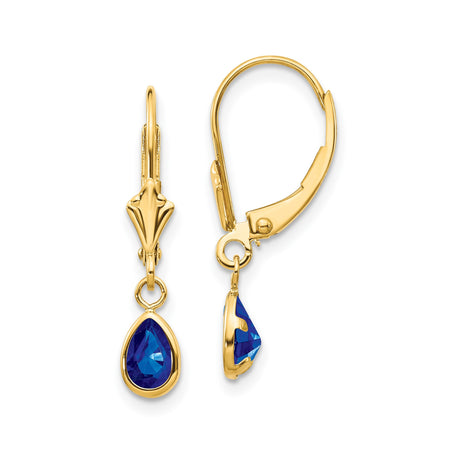 14k Yellow Gold Leverback Dangle Earrings with Teardrop Sapphire Drop Design