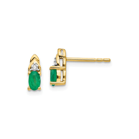 14k Yellow Gold Stud Earrings with Oval Emerald and Diamond Accents, Leaf Design