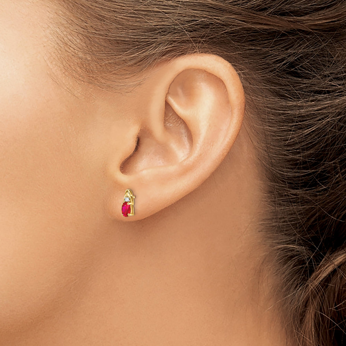 14k Yellow Gold Stud Earrings with Ruby and Diamond Accent, Oval Gemstone Jewelry for Women