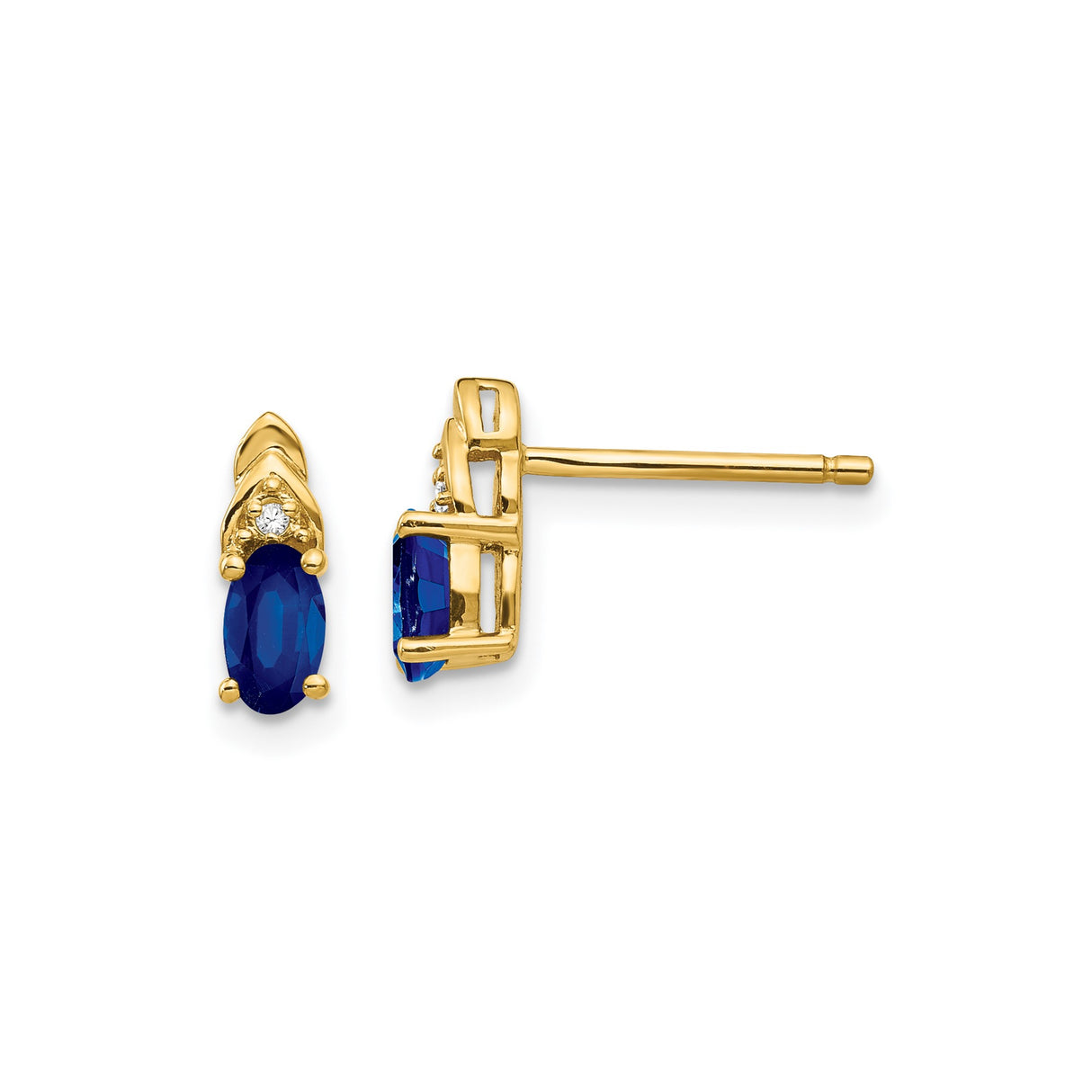 14k Yellow Gold Stud Earrings with Oval Sapphire and Diamond Accent for Women