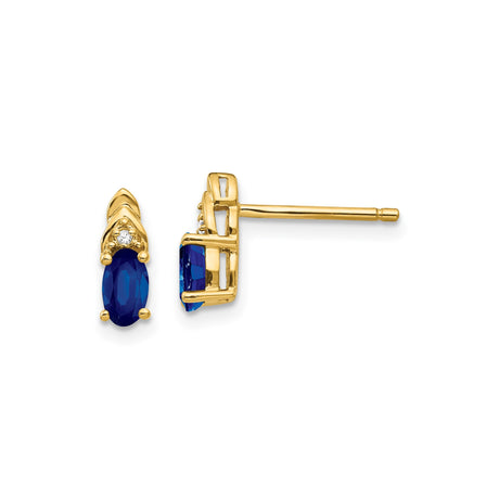 14k Yellow Gold Stud Earrings with Oval Sapphire and Diamond Accent for Women