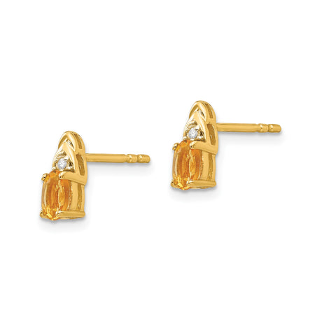14k Yellow Gold Stud Earrings with Oval Citrine and Diamond Accents, Modern Style for Women
