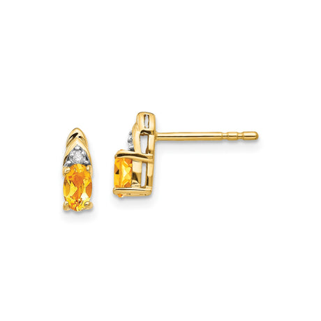14k Yellow Gold Stud Earrings with Oval Citrine and Diamond Accents, Modern Style for Women