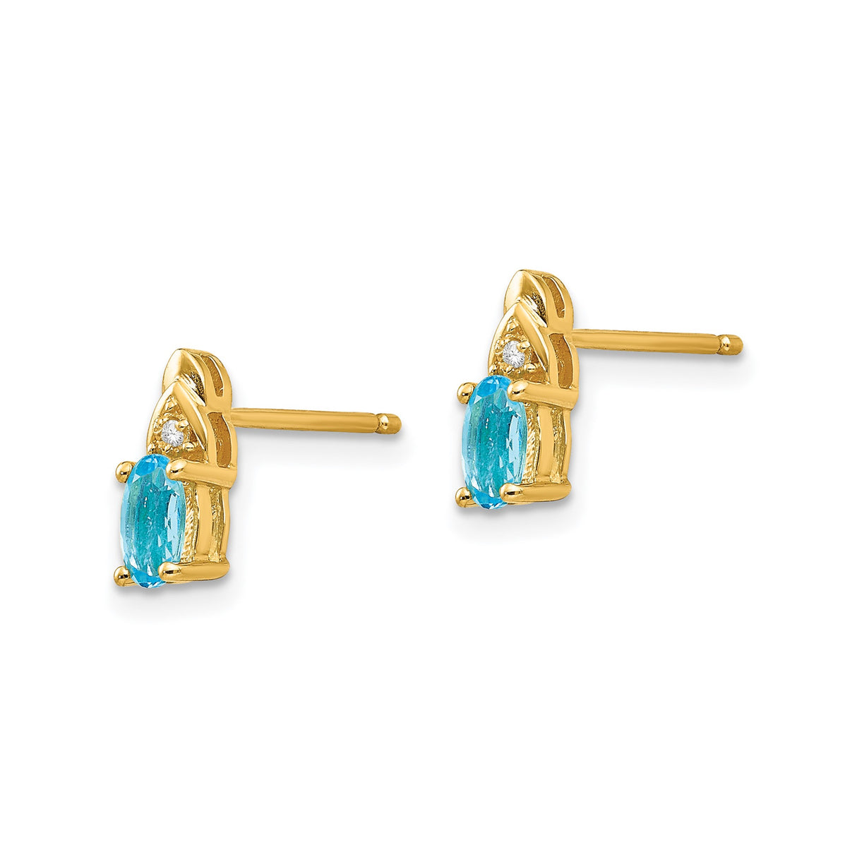 14k Yellow Gold Stud Earrings with Oval Swiss Blue Topaz and Diamond Accent