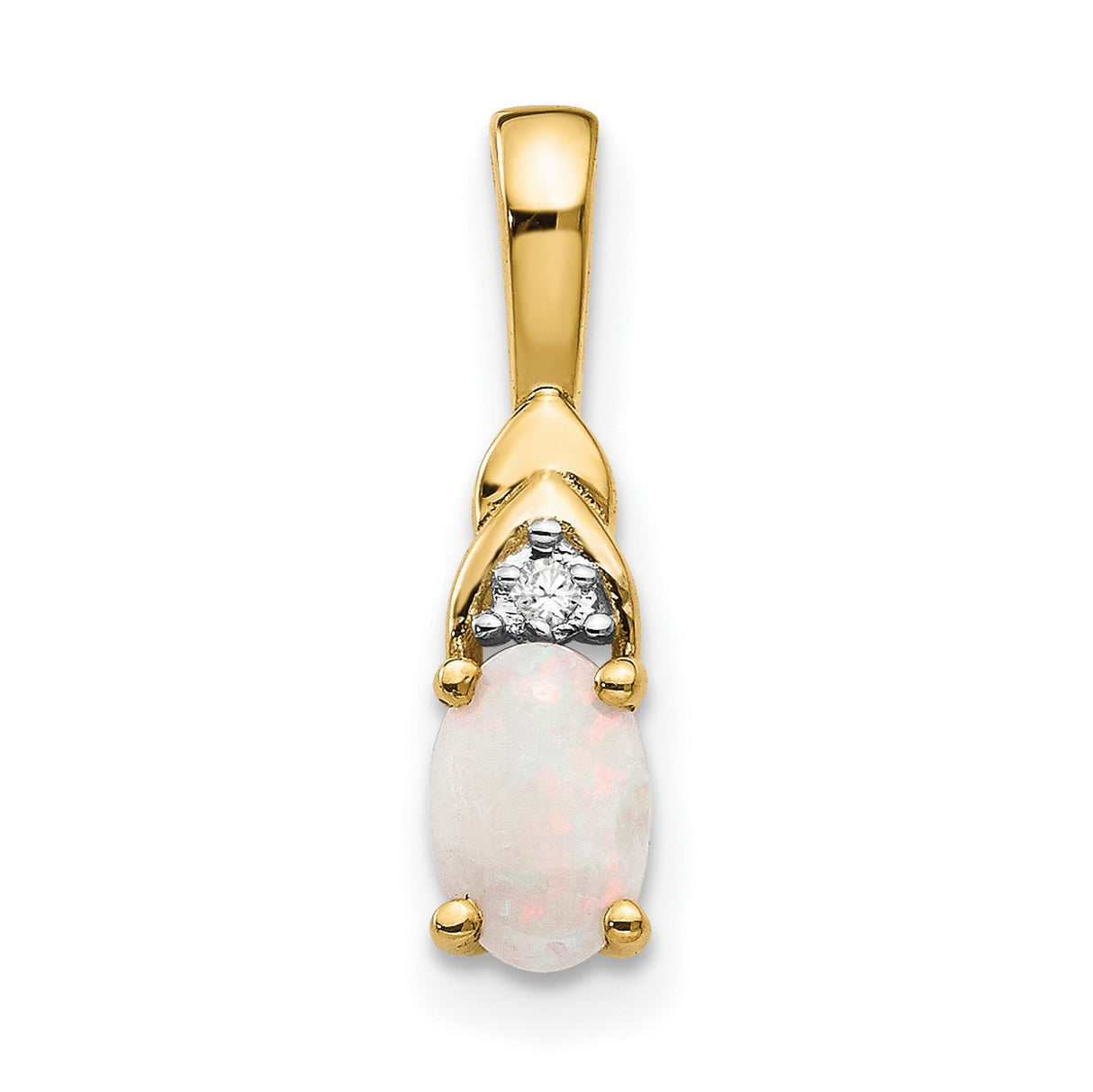 14k Yellow Gold Pendant with Oval White Opal and Diamond Accent, Dainty Charm for Women
