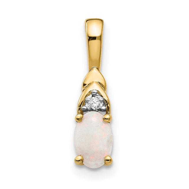 14k Yellow Gold Pendant with Oval White Opal and Diamond Accent, Dainty Charm for Women
