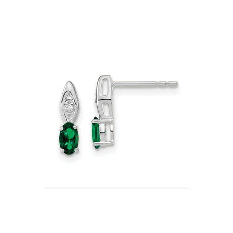 14k White Gold Stud Earrings with Oval Emerald, Marquise Design and Diamond Accent
