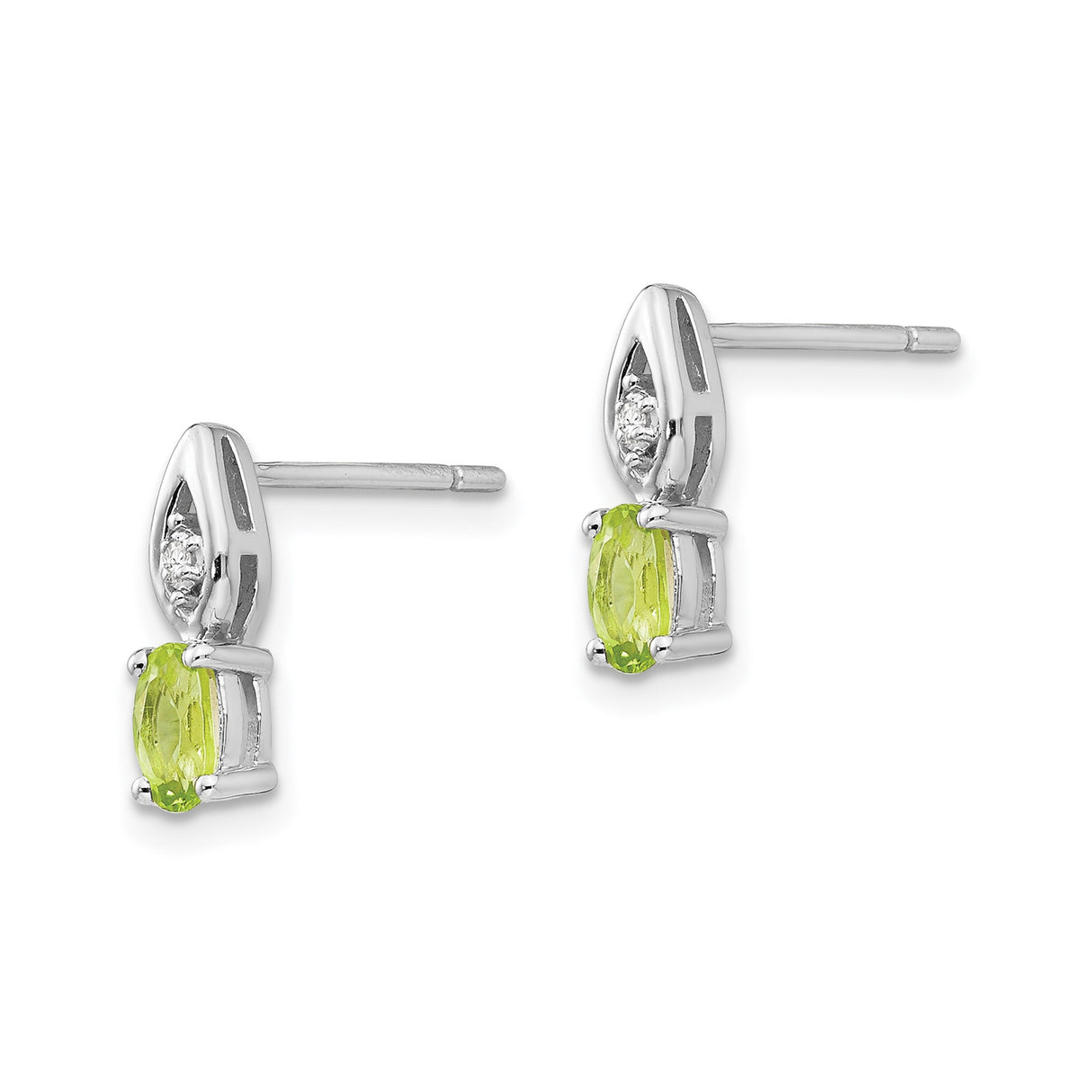 14k White Gold Stud Earrings with Oval Peridot and Diamond Accents, Marquise Setting