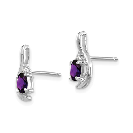 14k White Gold Amethyst Stud Earrings with Diamond Accents, Swirl Design