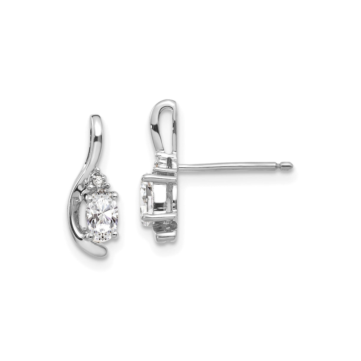 14k White Gold Stud Earrings with Marquise White Topaz and Diamond Accents, Curved Modern Design