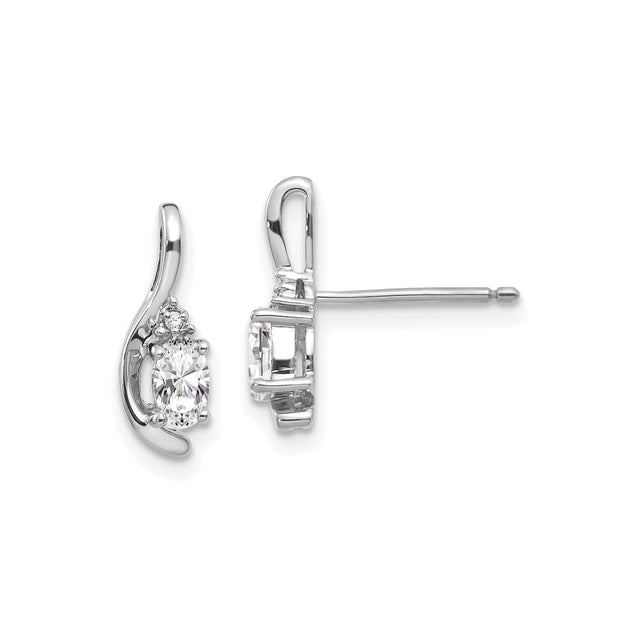 14k White Gold Stud Earrings with Marquise White Topaz and Diamond Accents, Curved Modern Design