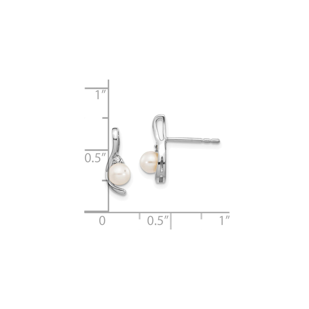 14k White Gold Stud Earrings with Freshwater Pearls and Diamond Accents, Curved Modern Design