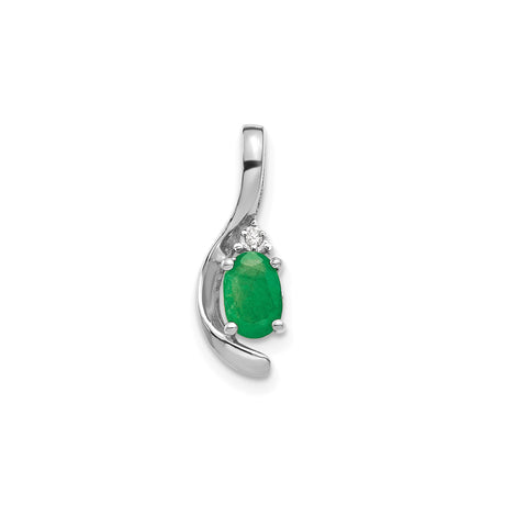 14k White Gold Pendant with Oval Emerald and Diamond Accent in Swirl Design