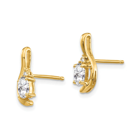 14k Yellow Gold Stud Earrings with Marquise White Topaz and Diamond Accent, Minimalist Curved Design