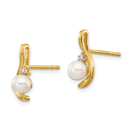 14k Yellow Gold Stud Earrings with White Cultured Pearl and Diamond Accent, Curved Design for Women