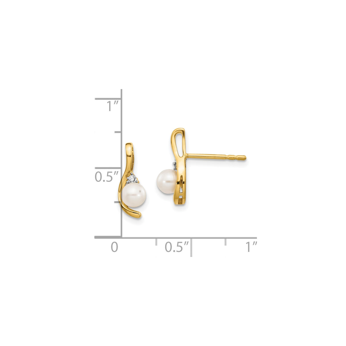 14k Yellow Gold Stud Earrings with White Cultured Pearl and Diamond Accent, Curved Design for Women
