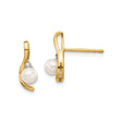 14k Yellow Gold Stud Earrings with White Cultured Pearl and Diamond Accent, Curved Design for Women