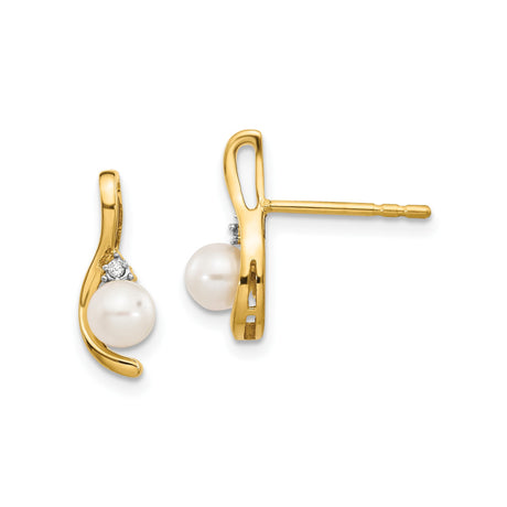 14k Yellow Gold Stud Earrings with White Cultured Pearl and Diamond Accent, Curved Design for Women