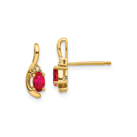 14k Yellow Gold Stud Earrings with Marquise-Cut Ruby and Diamond Accent in Curved Design