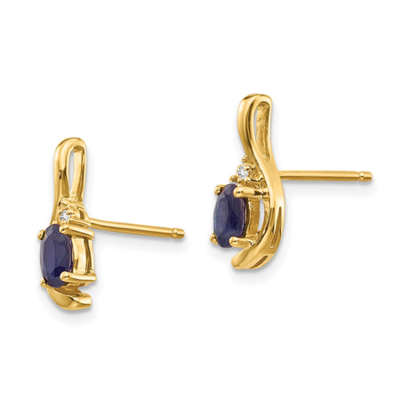 14k Yellow Gold Stud Earrings with Oval Blue Sapphires and Diamond Accents, Modern Wave Design