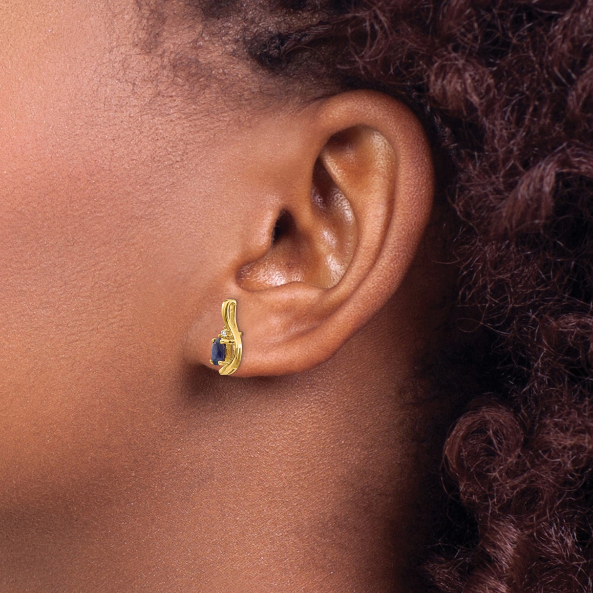 14k Yellow Gold Stud Earrings with Oval Blue Sapphires and Diamond Accents, Modern Wave Design