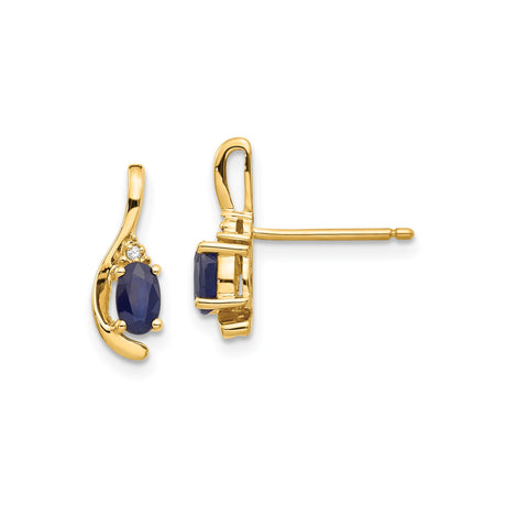 14k Yellow Gold Stud Earrings with Oval Blue Sapphires and Diamond Accents, Modern Wave Design