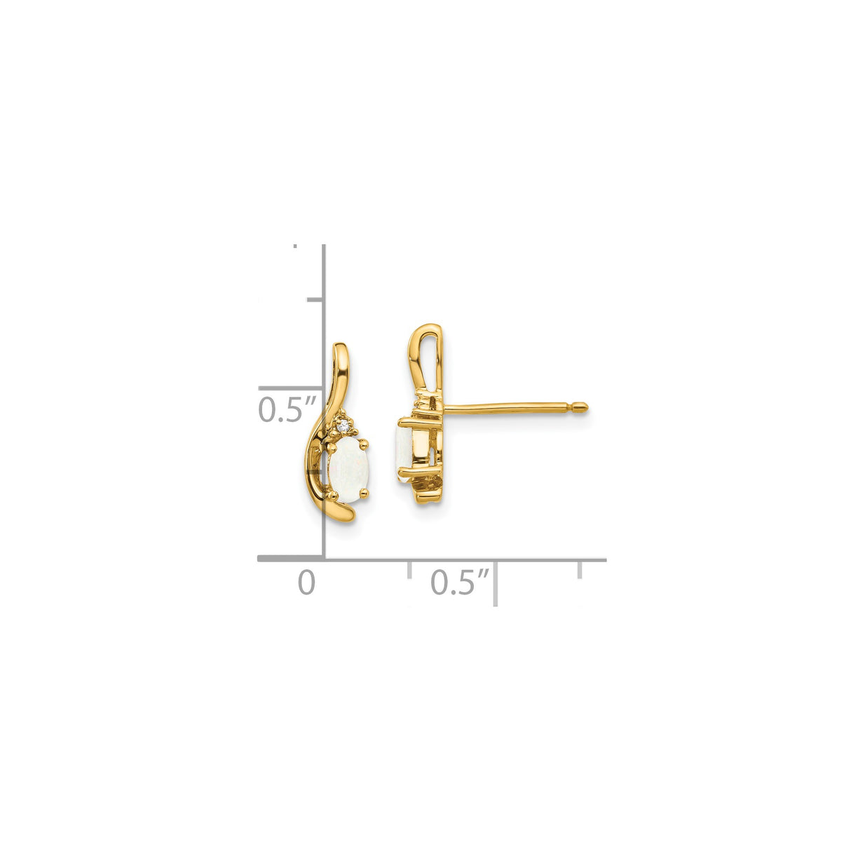 14k Yellow Gold Stud Earrings with Oval White Opal and Diamond Accents, Curved Design for Women