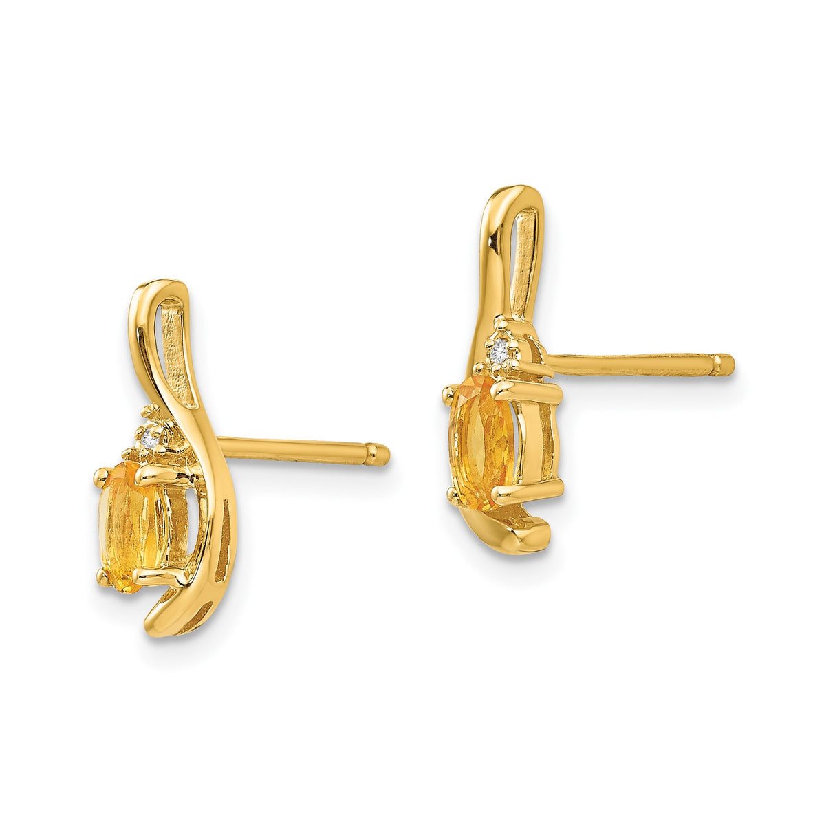 14k Yellow Gold Citrine and Diamond Stud Earrings with Curved Design