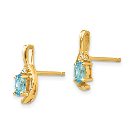 14k Yellow Gold Stud Earrings with Oval Swiss Blue Topaz and Diamond Accents, Curved Design