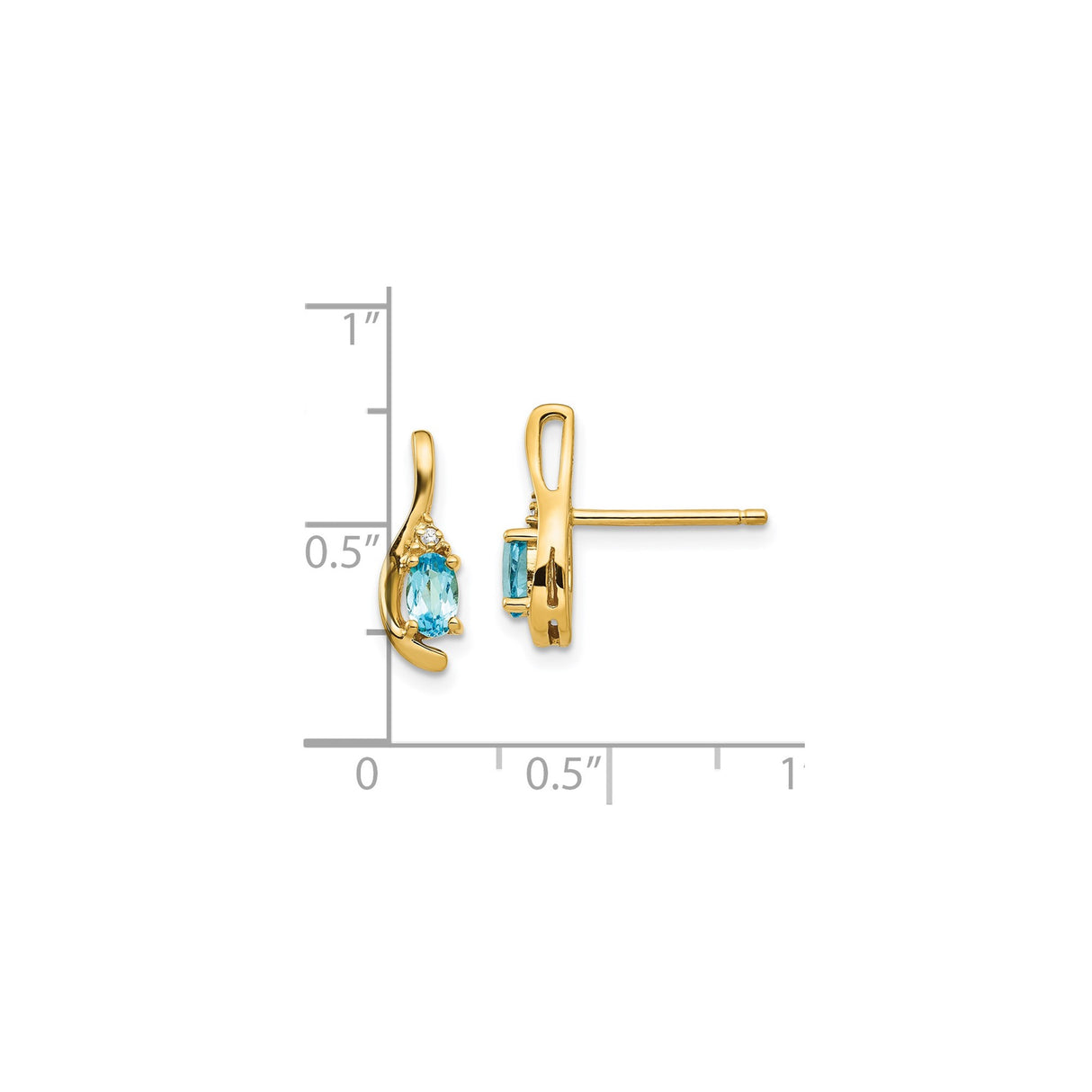 14k Yellow Gold Stud Earrings with Oval Swiss Blue Topaz and Diamond Accents, Curved Design