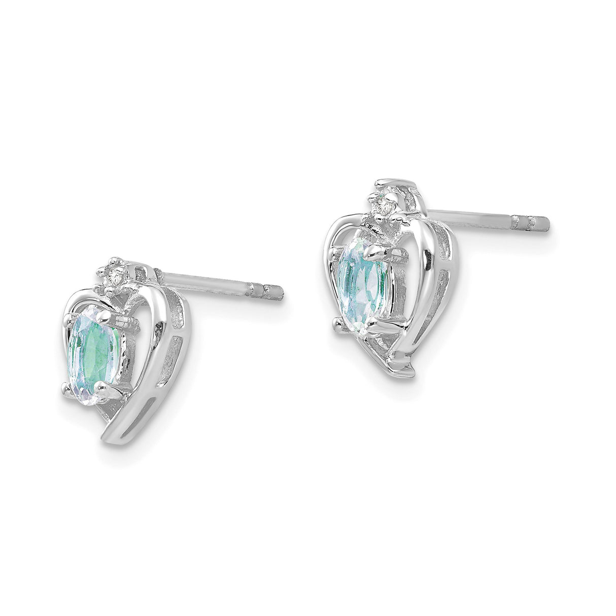 14k White Gold Aquamarine Heart Stud Earrings with Diamond Accent, Open Crown Setting