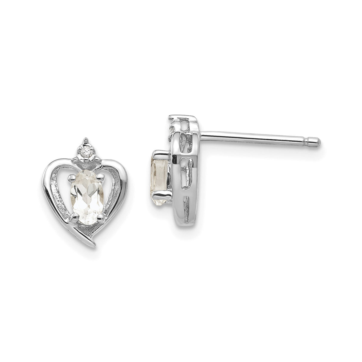 14k White Gold Heart Shaped Stud Earrings with White Topaz and Diamond Accent