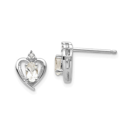 14k White Gold Heart Shaped Stud Earrings with White Topaz and Diamond Accent