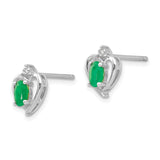 14k White Gold Heart Stud Earrings with Oval Emerald and Diamond Accents